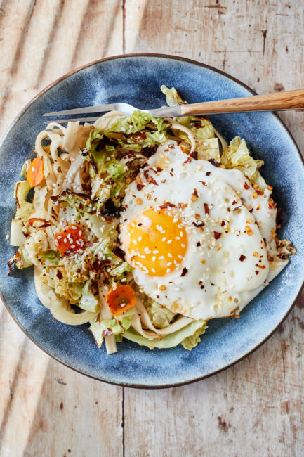 Cabbage Noodle Bowls With Fried Eggs 