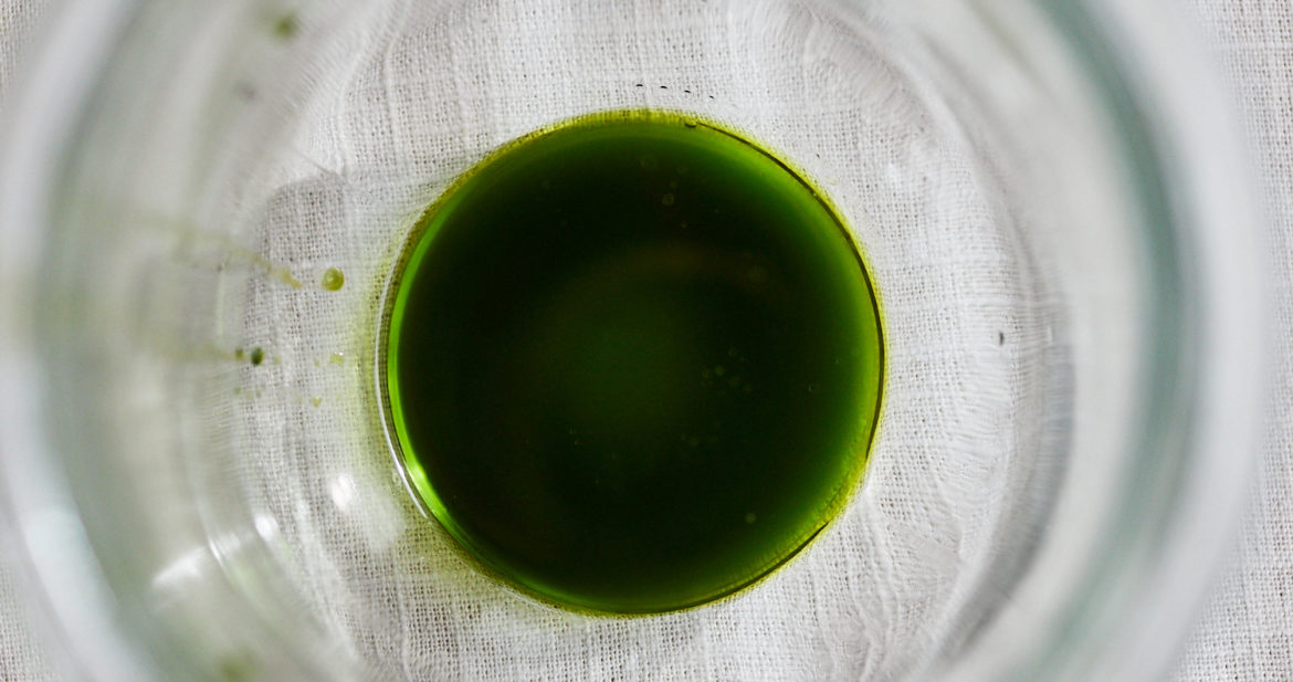 Top-down image of a clear jar on a white linen surface with green parsley oil.