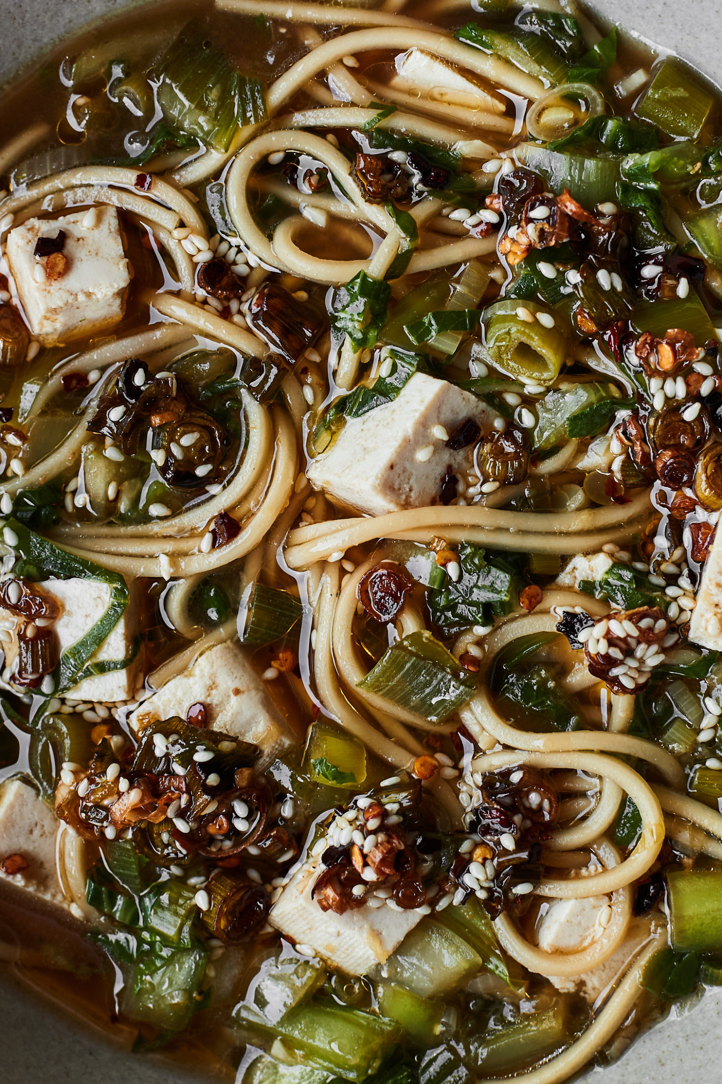 Close-up image of noodles and tofu in a tan broth, scallions, and bok choy