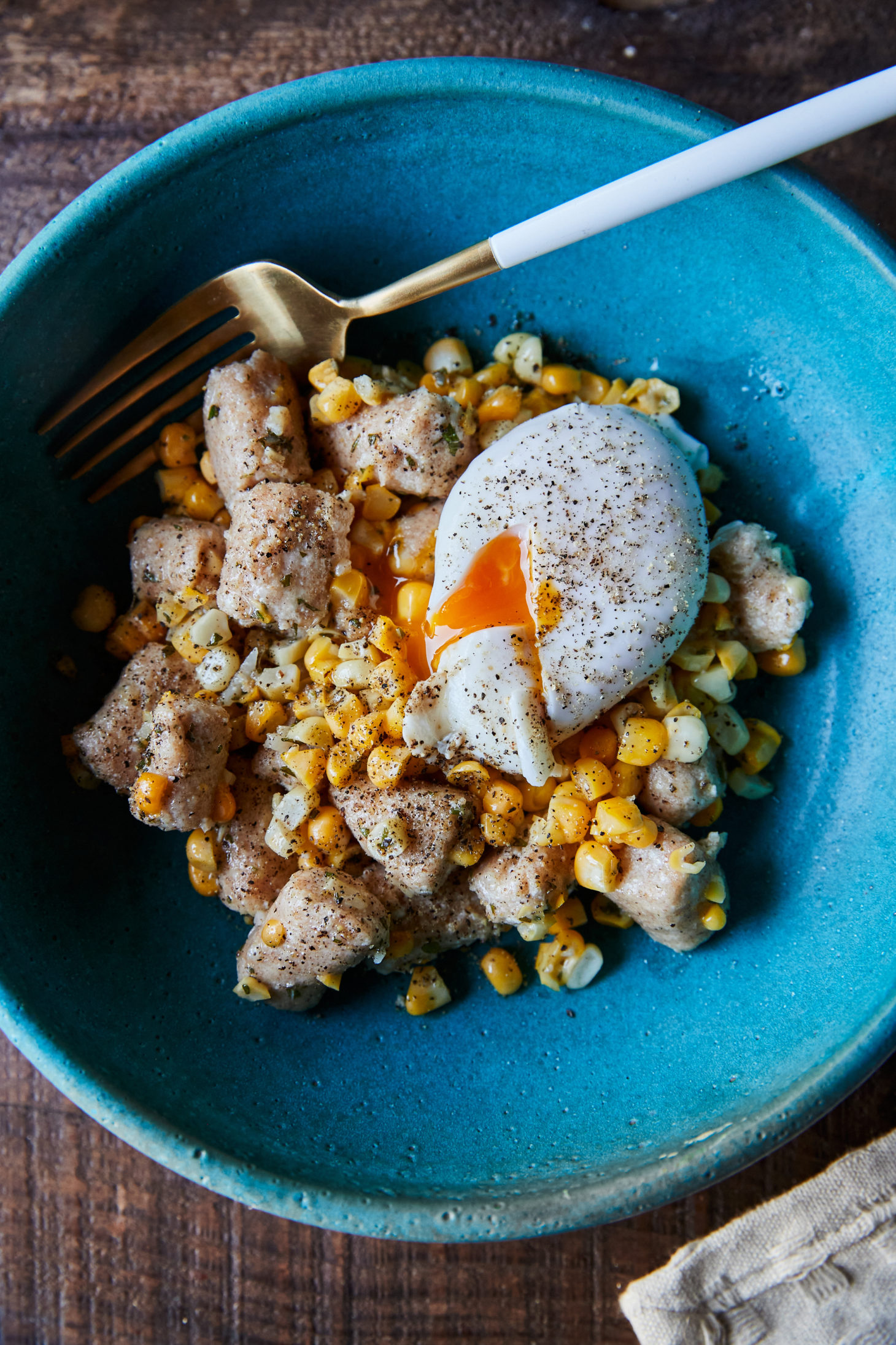 Ricotta Gnocchi with Rosemary Sweet Corn and Poached Egg