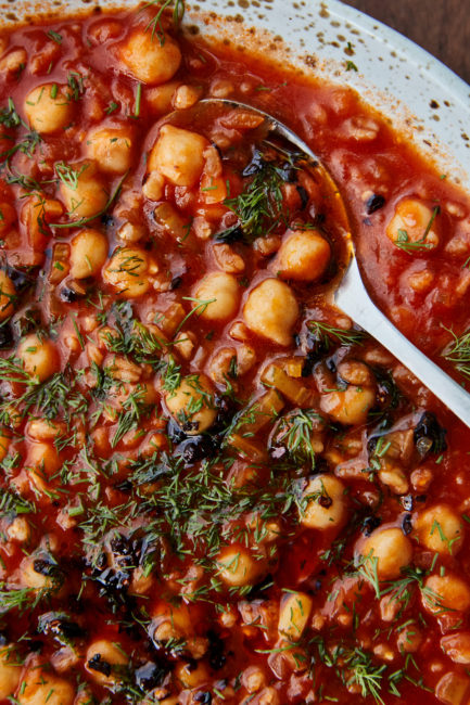 emmer recipes include hearty stews like this farro e ceci stew.