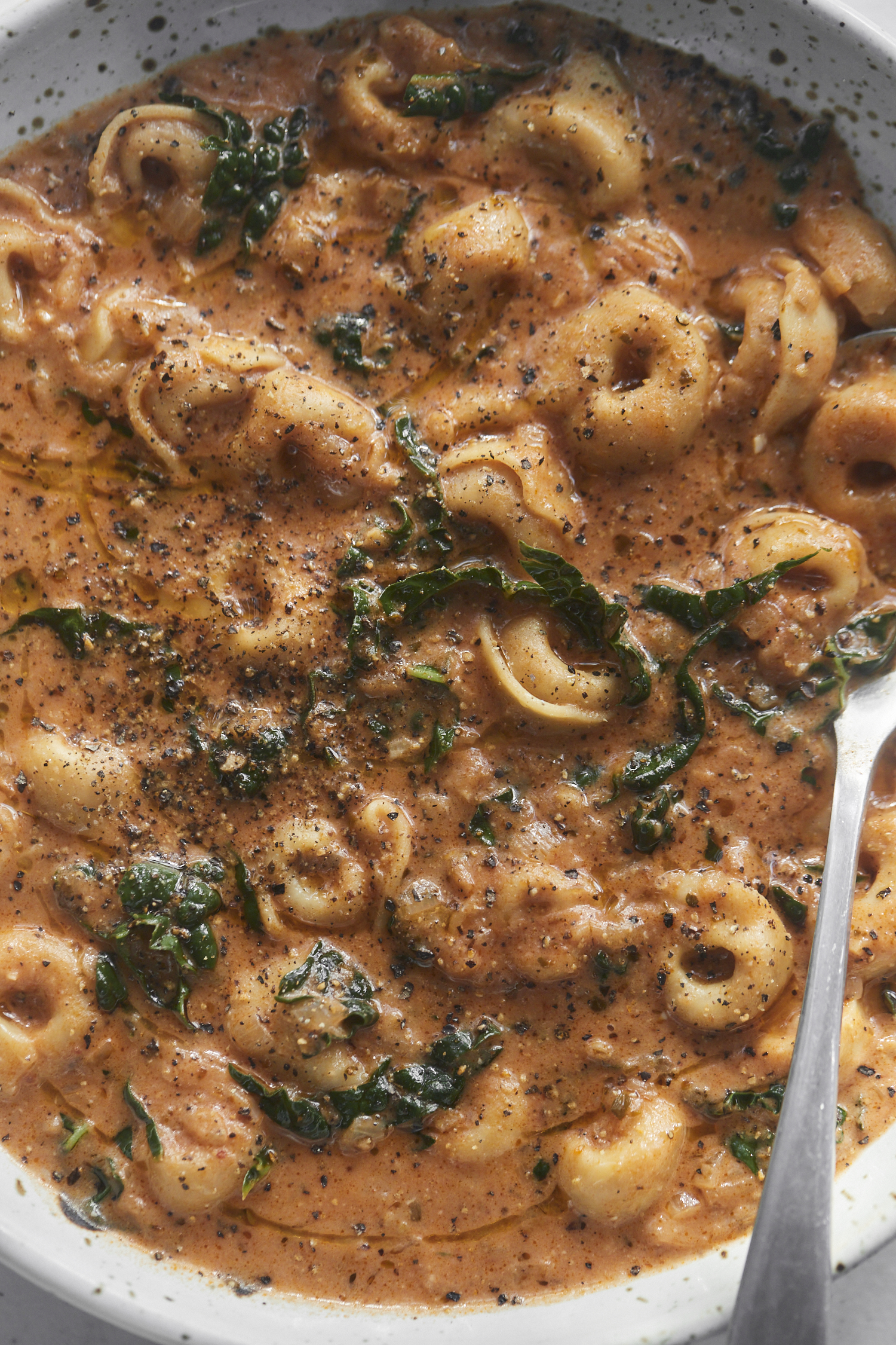 A white bowl with brown speckles that contains a creamy tomato soup dotted with small tortellini and bit of green kale. 