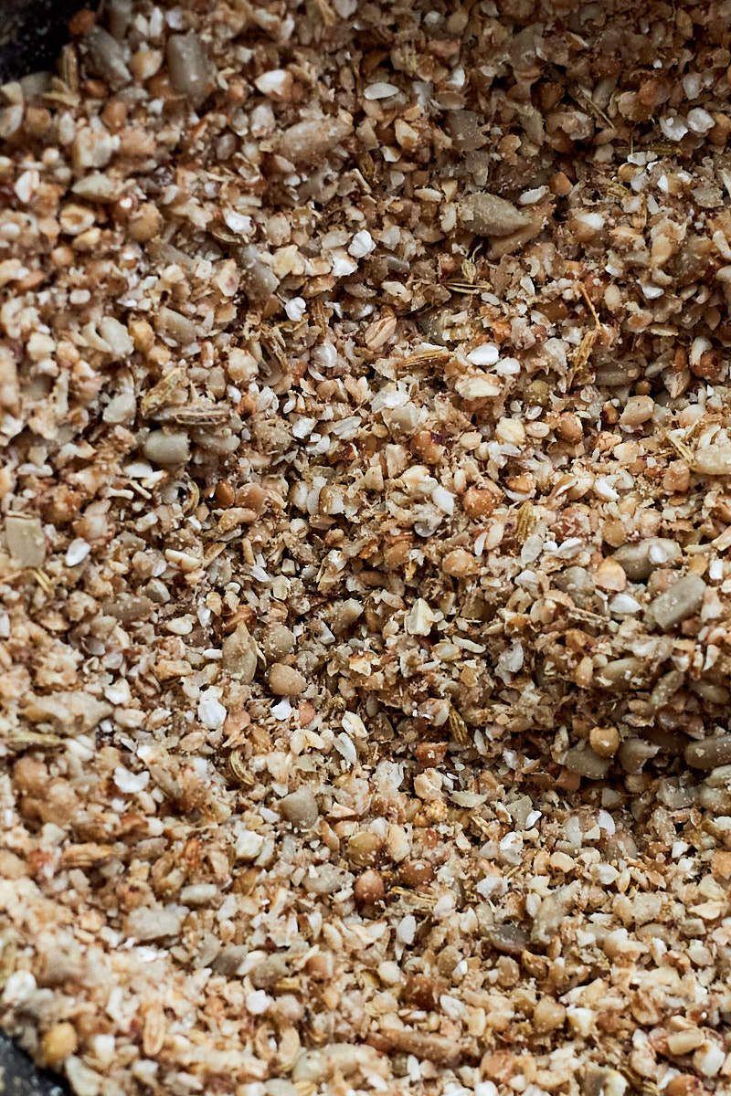 Crushed fennel, buckwheat, sunflower seeds, and sesame seeds