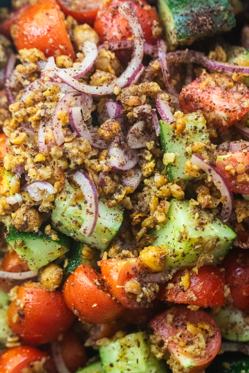 close-up of an overhead crispy chickpea cucumber salad