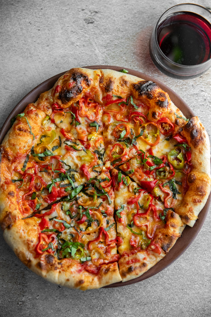 cheesy pepper pizza with sweet and chile peppers