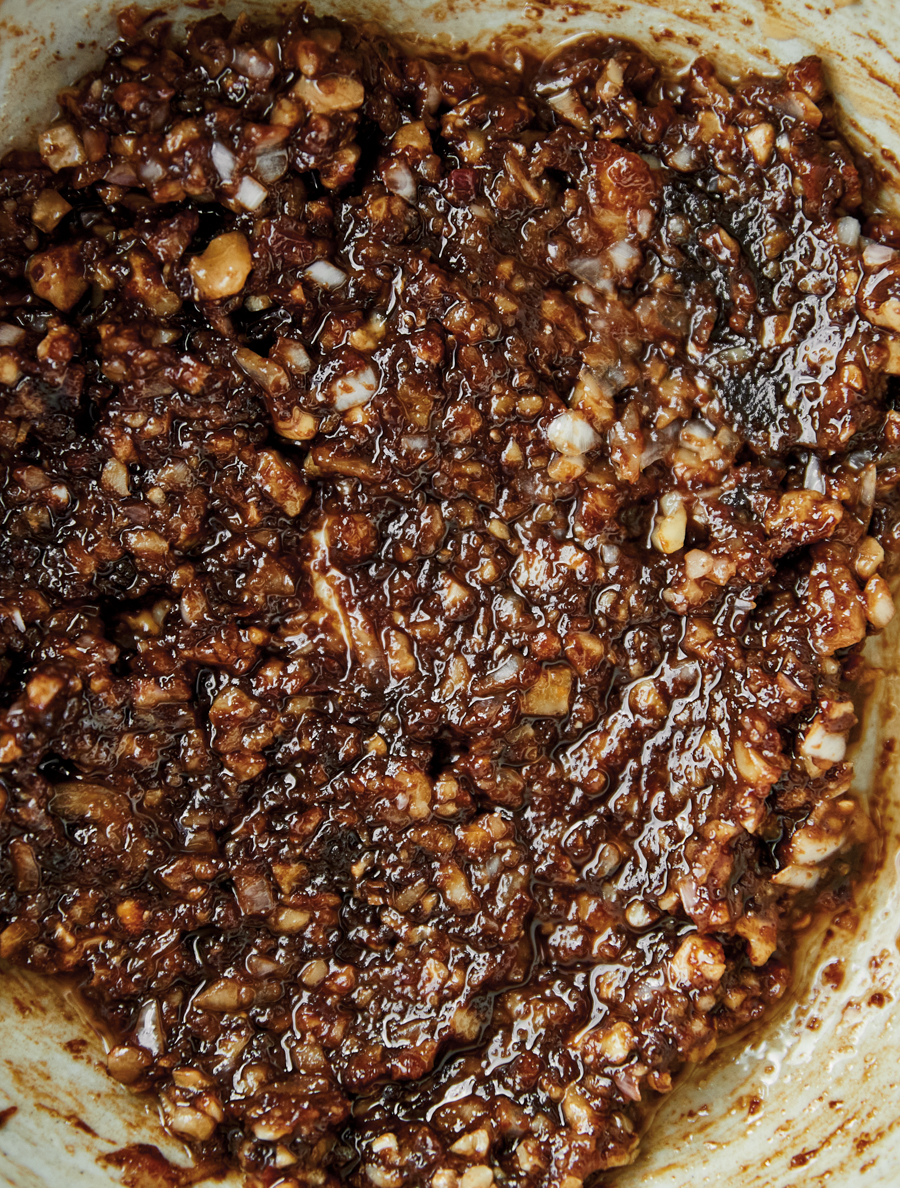 close-up of walnut chile sauce for the walnut cauliflower